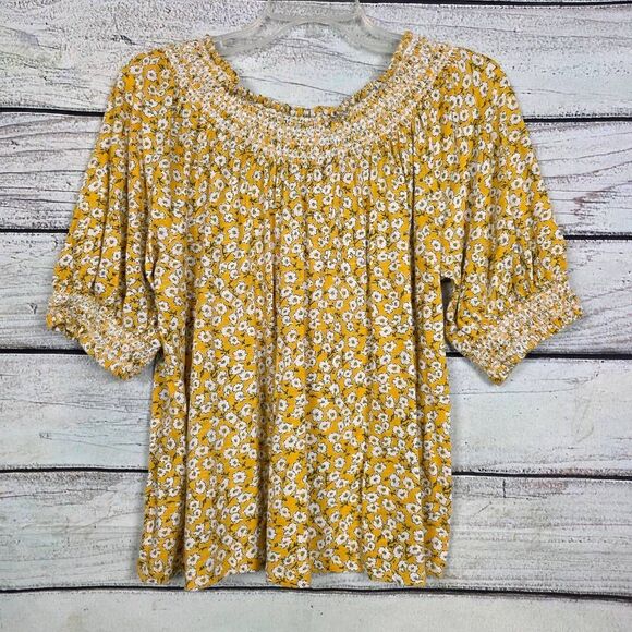 Lucky Brand Yellow Floral Smocked Peasant Top S - Picture 4 of 8